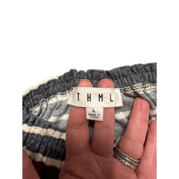 THML Mara Off (or On) The Shoulder Knit Top Size Large Blue and White - Picture 4 of 7